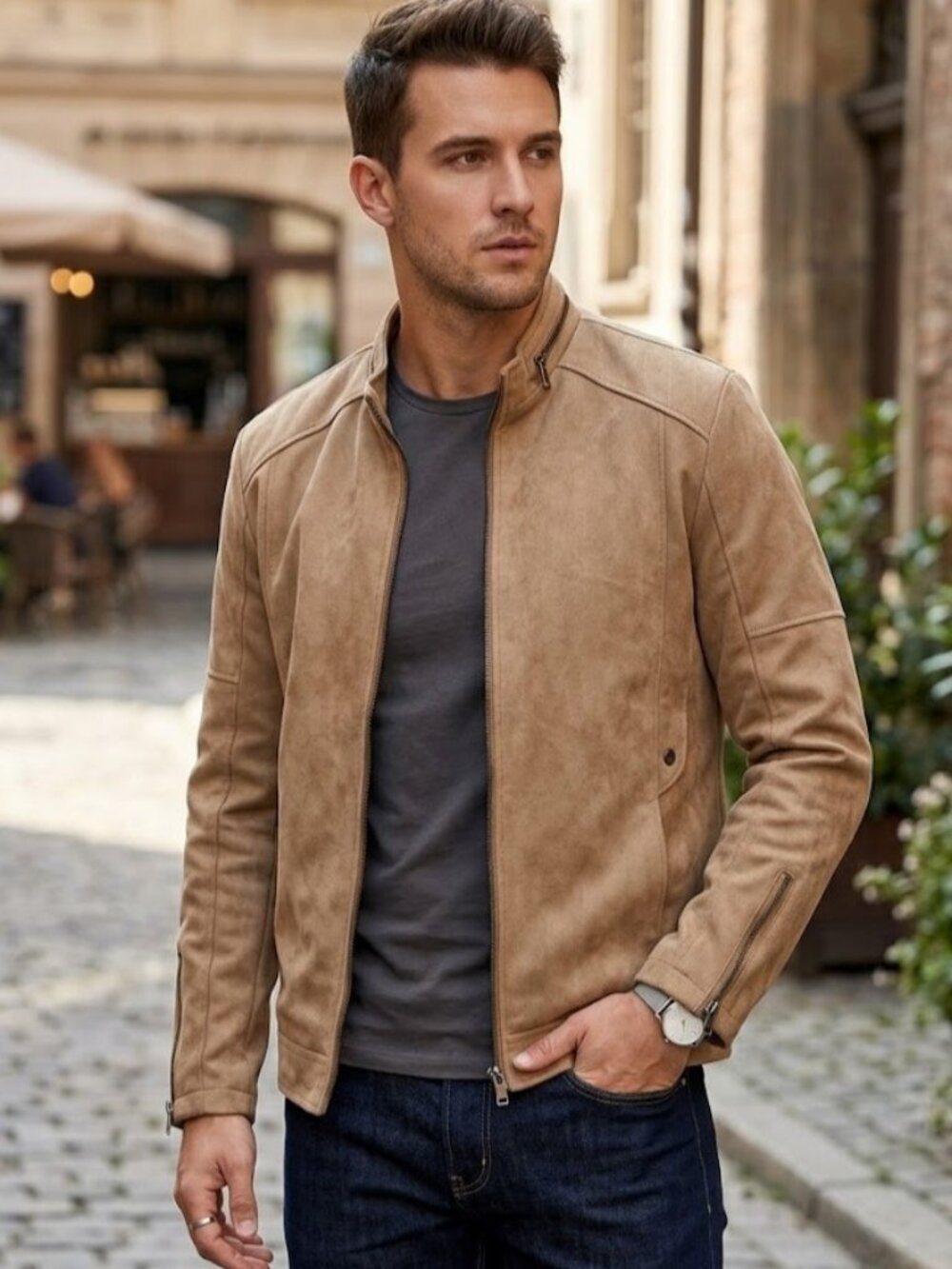 Mens XL Tan Faux Suede Cafe Racer Moto Jacket Classic Italian Style